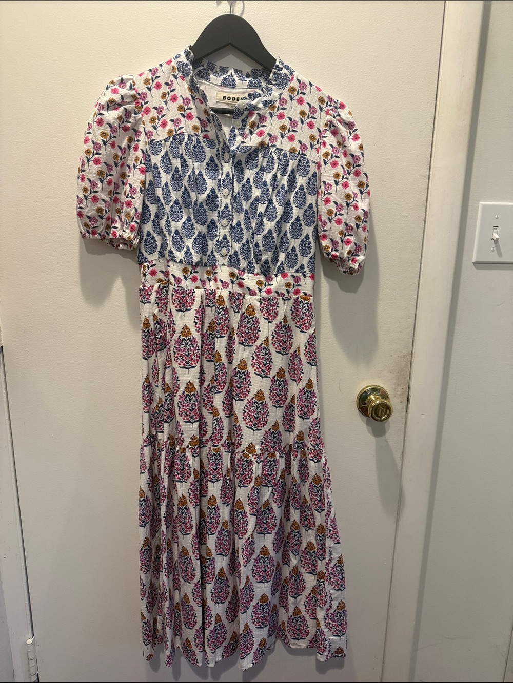 Boden White Midi Dress with Pink and Blue Floral Print